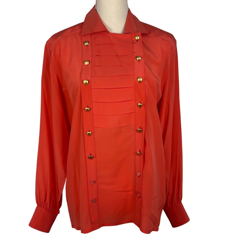 Escada Margaretha Ley Vintage Silk Blouse Coral Red Military Gold Button 38 M